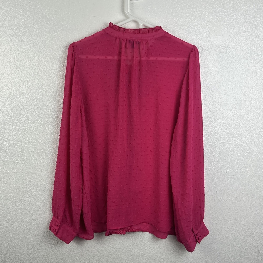 Torrid Chiffon Clip Dot Ruffle Neck Tie Blouse Pink Peacock Swiss Dot Size 1 - Picture 2 of 9
